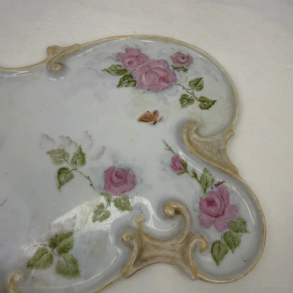 Antique‎ Hand Painted Porcelain Vanity Tray Pink Roses Signed T Baker Butterfly